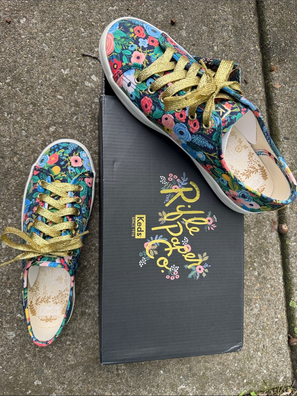 Keds x Rifle Paper Co. Women’s 9.5 Floral Canvas Sneakers Gold Laces NIB